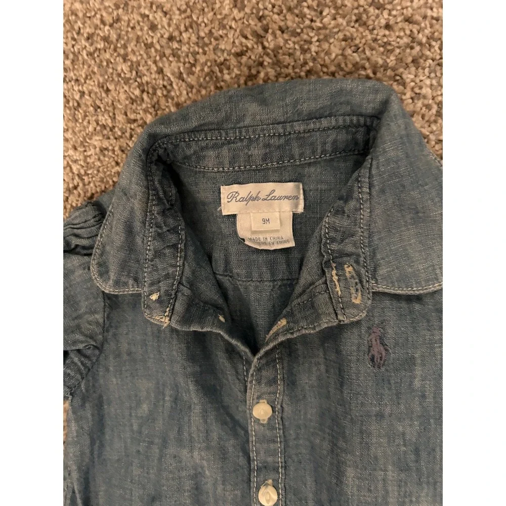 Ralph Lauren Baby Girls Blue Chambray Drop Waist Dress 9M Short Sleeve Pony Logo